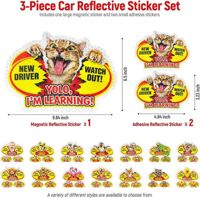 3 Pcs Reflective Student Driver Magnet and Stickers Set - Funny Animal New Driver Safety Signs for Car, Waterproof & Weatherproof High Visibility Vehicle Bumper Decals, Magnet + Stickers (Cat)