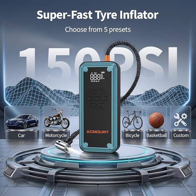 W160 Jump Starter with Air Compressor, 5000A Portable Car Jump Starter 150PSI Tire Inflator/Air Pump, 12V Battery(Up to 9L Gas/8L Diesel Engine) Jump Pack Car Emergency Kit Idea Gift for Man (Blue)