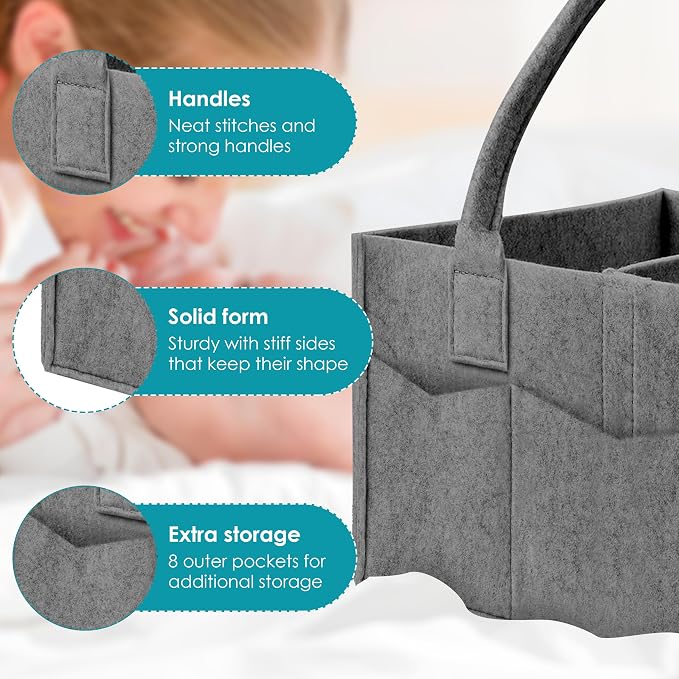 Cute Castle 2 Pack Diaper Caddy Organizer - Portable Baby Caddy Organizer with Handle, Nursery Storage Bin and Car Organizer for Girls, Boys - Baby Gift Basket - Dark Grey