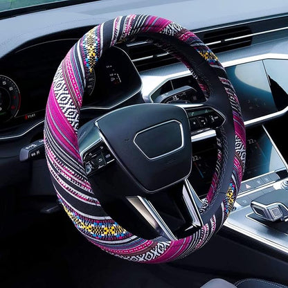 Boho Steering Wheel Cover Elastic Microfiber for Women, Universal Fit 15 inch Car SUV, Hippie Style Protector Cover, Anti-Slip, Breathable, Absorbing Sweat - 03