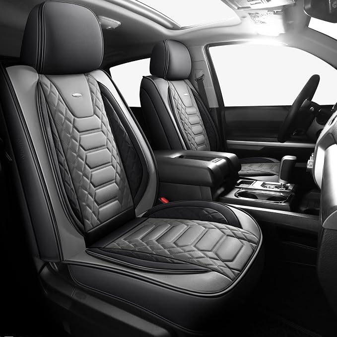 FREESOO Tundra Seat Covers 2014-2021 Full Set, Fit for Toyota Tundra Crewmax Cab, Custom Truck Seat Covers with Waterproof Faux Leather BlackGrey