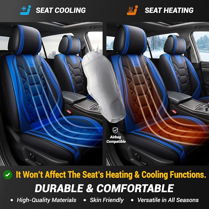 OASIS AUTO Car Seat Covers Full Set, Sporty Faux Leather with Honeycomb Pattern, Waterproof Universal Fit for SUV, Sedan, Pick-up Truck, Automotive Interior Accessories (OS-004 Black&Blue)