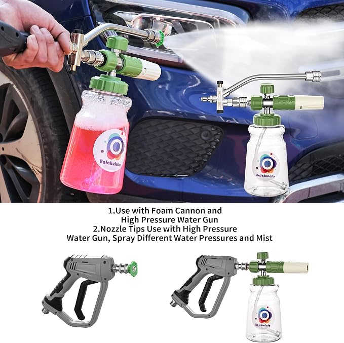 Dual Connector Accessory with Pressure Washer Foam Cannon, Balabulala Pressure Washer Double Tip Attachment for Foam Blaster with with 5 Power Washer Sprayer Nozzles, 1/4" Quick Connect, 3600 PSI