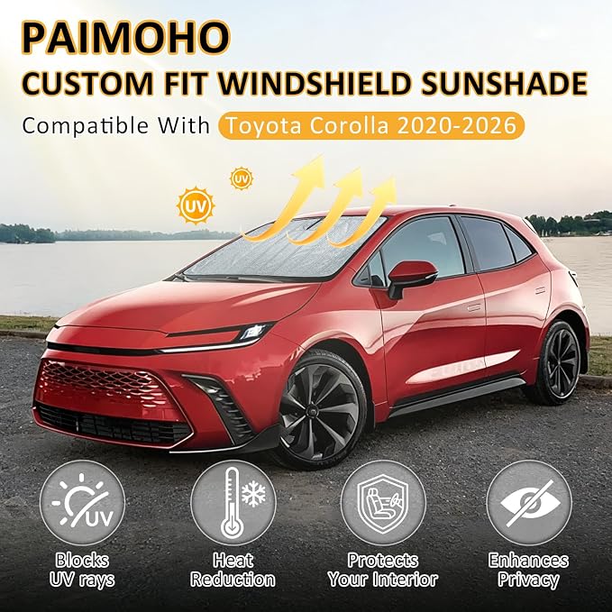 Thickened Windshield Sun Shade for Toyota Corolla 2020-2026 | Accordion Front Window Sunshade Aluminum Reflective UV Protection Shield, Foldable Sun Visor with Storage Bag Car Accessories