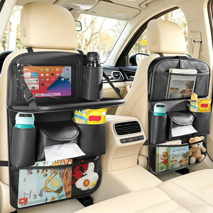 2 Pack Backseat Car Organizer with Foldable Tray Table, PU Leather Seat Back Organizer with Tablet Holder, Large Storage Pockets, Waterproof Kick Mat & Seat Back Protector for Cars, SUVs & Minivans