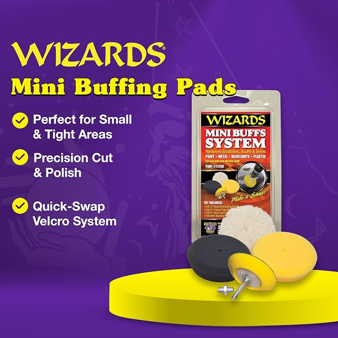 Wizards Mini Buffing System - Cuts, Polishes, Applies Wax and Removes Swirls - for All Paints and Hard Surfaces - Comes with 1/4 Shank Drill Adaptor - Auto Detailing Supplies for Beginners
