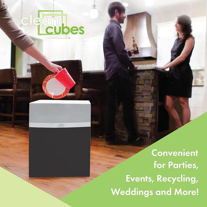 Clean Cubes 13 Gallon Disposable Trash Cans (6-Pack) with Fitted Trash Bags - Reusable Garbage and Recycling Bins for Parties, Events, and More (Black- 17" Height x 13.5" Width x 10" Depth)