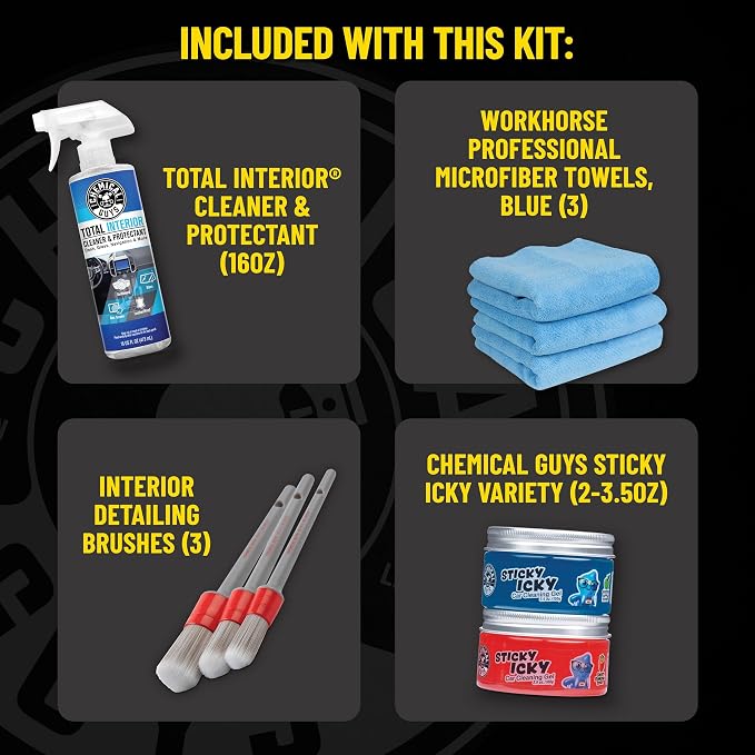 Chemical Guys Interior Cleaning Kit with Storage Bag Total Interior Cleaner Microfiber Towels Detailing Brushes and Sticky Gel Giftable Car Care Set - 10 Items