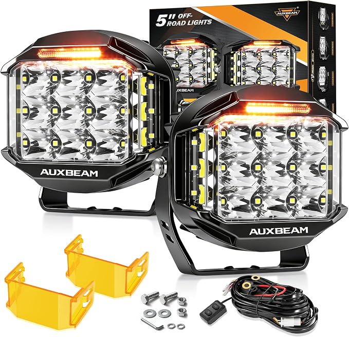 Auxbeam 5" 168W Round LED Offroad Light Pod with Amber DRL, V-MAX Series 16440LM Side Shooter LED Offroad with 270° Beam & Amber Covers, Auxiliary Driving Light for Truck ATV Jeep Ford
