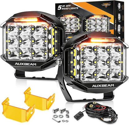 Auxbeam 5" 168W Round LED Offroad Light Pod with Amber DRL, V-MAX Series 16440LM Side Shooter LED Offroad with 270° Beam & Amber Covers, Auxiliary Driving Light for Truck ATV Jeep Ford