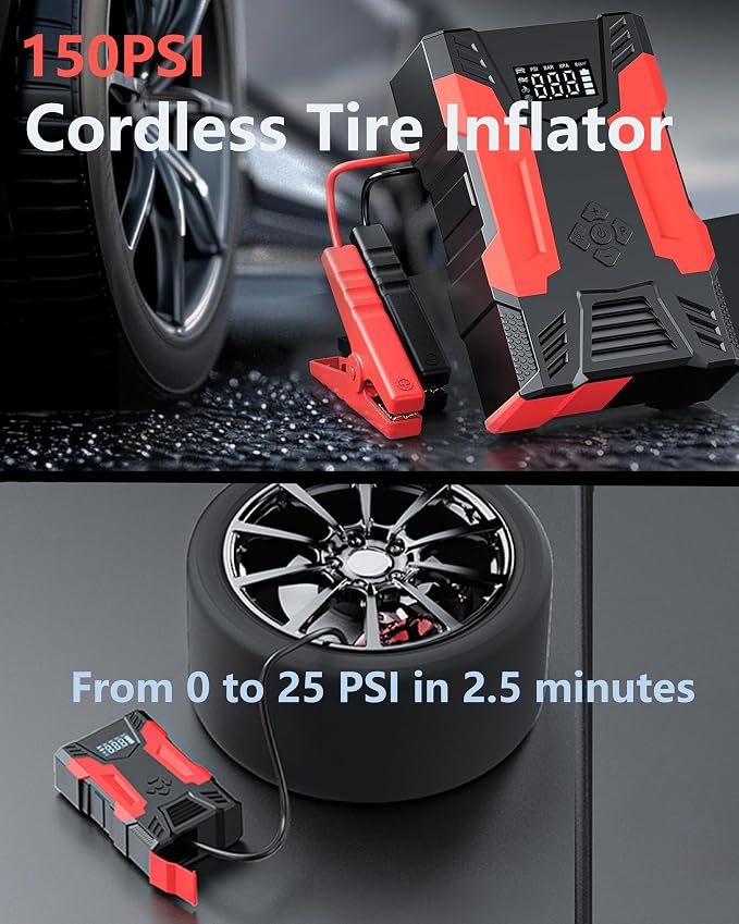 Portable Car Jump Starter with Air Compressor, 3000A Car Battery Booster (9.0L Gas/6.5L Diesel) with 150PSI Auto-Shutoff Tire Inflator, 12V Supersafe Lithium Jump Box Car Battery Jumper Starter