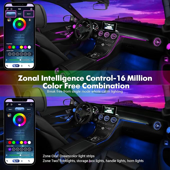 Dreamcolor Acrylic Car Interior Lights 18 in 1 RGB Car Ambient Lighting Kit APP Control Zoned Control System 252 Color Modes DIY 16 Million Colors Music Sound Active Neon Light Kits New Version