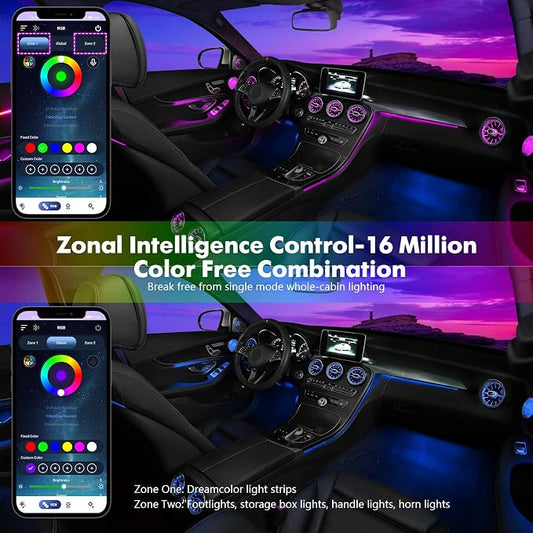 Dreamcolor Acrylic Car Interior Lights 18 in 1 RGB Car Ambient Lighting Kit APP Control Zoned Control System 252 Color Modes DIY 16 Million Colors Music Sound Active Neon Light Kits New Version