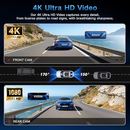 4K Dual Dash Cam Front and Rear, 2 Channel Car Camera with Built-in GPS 5.8GHz WiFi, 3.5" IPS Screen, 64GB Card Included, 170° Wide Angle, Night Vision, 24H Parking Monitor for Cars
