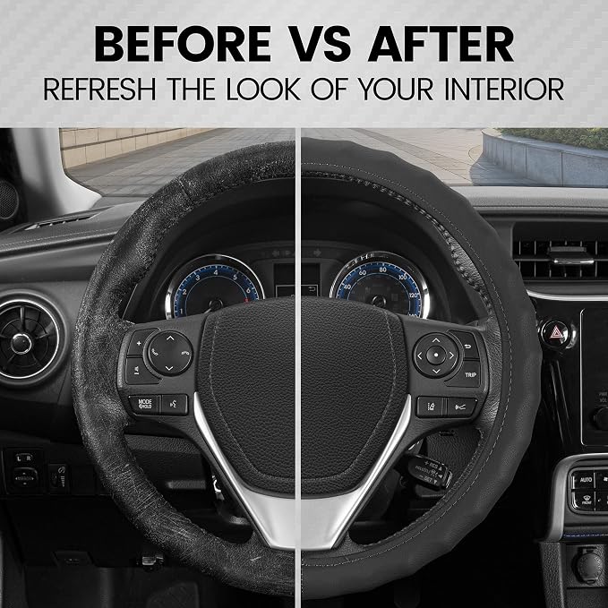 BDK Genuine Black Leather Steering Wheel Cover for Car, Small (13.5" - 14.5") – Ergonomic Comfort Grip for Men & Women, Car Steering Wheel Cover for Vehicles with Small Steering Wheels