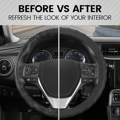 BDK Genuine Black Leather Steering Wheel Cover for Car, Small (13.5" - 14.5") – Ergonomic Comfort Grip for Men & Women, Car Steering Wheel Cover for Vehicles with Small Steering Wheels