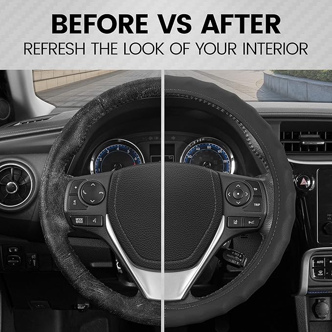 BDK Genuine Black Leather Steering Wheel Cover for Car, Large 15.5-16 inch – Ergonomic Comfort Grip for Men & Women, Car Steering Wheel Cover for Vehicles with Large Steering Wheels