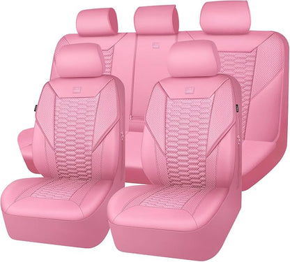 CAR PASS 3D Foam Mesh Leather Car Seat Covers Full Set, Pink Breathable Mesh Faux Leather Seat Covers for Women, Universal Fit for Car SUV Truck Sedan Automotive, Armrest Airbag Compatible, All Pink