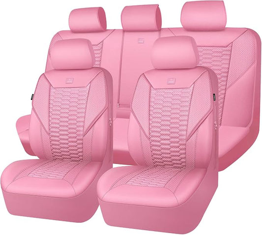CAR PASS 3D Foam Mesh Leather Car Seat Covers Full Set, Pink Breathable Mesh Faux Leather Seat Covers for Women, Universal Fit for Car SUV Truck Sedan Automotive, Armrest Airbag Compatible, All Pink