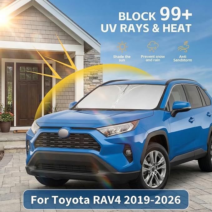 for 2019-2024 2025 2026 Toyota RAV4 Windshield Sun Shade, Front Window Shade Custom Fit RAV4 LE, XLE, Premium, XSE, Limited, SE, TRD Off-Road Sun Visor Foldable Sunshade Blocks UV Rays Car Accessories