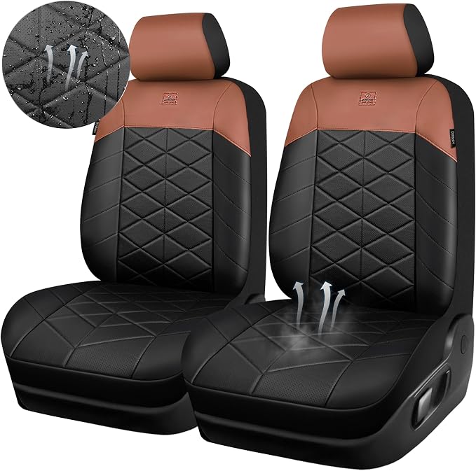 CAR PASS Memory Foam Leather Front Seat Covers, Waterproof Nappa Leather Seat Covers Front Seats Universal Fit for Cars,SUV,Truck Seat Covers Thick 3D Foam Comfortable, Airbag Compatible Black Brown