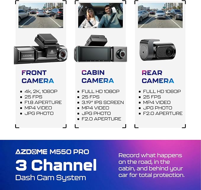 AZDOME M550 Pro 3CH Dash Cam 4K - 5G WiFi, 3.19" Screen IR Night Vision - 24H Parking Mode - 3-Channel Dash Cam - Wide-Angle Coverage - Collision Detection - Built-in GPS - Adjustable Camera Lens