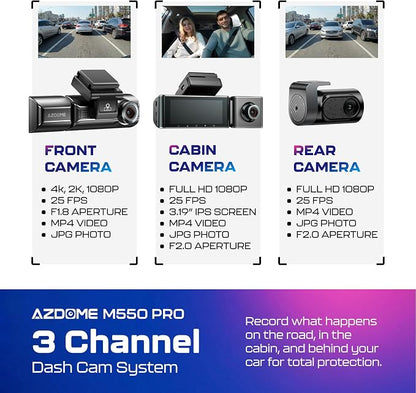 AZDOME M550 Pro 3CH Dash Cam 4K - 5G WiFi, 3.19" Screen IR Night Vision - 24H Parking Mode - 3-Channel Dash Cam - Wide-Angle Coverage - Collision Detection - Built-in GPS - Adjustable Camera Lens