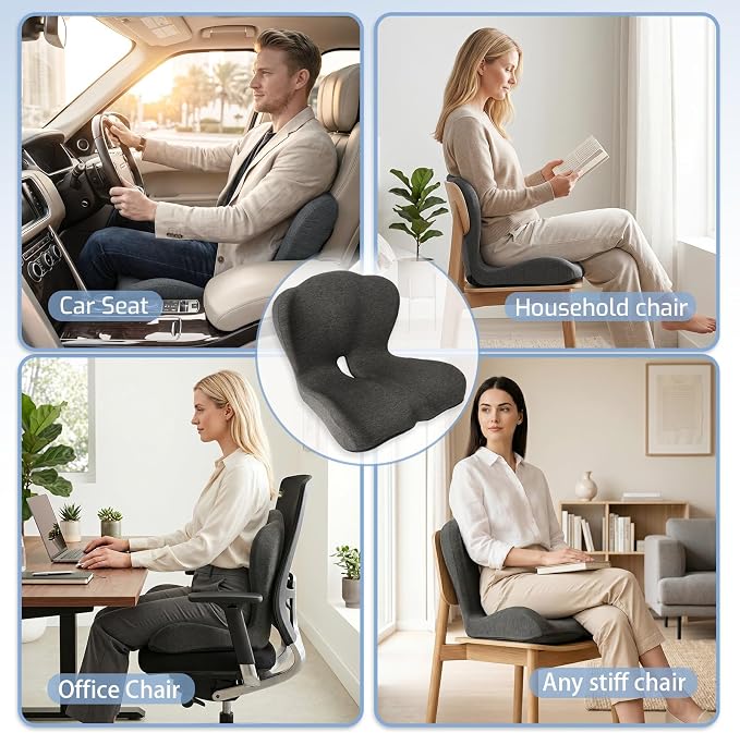 Memory Foam Seat Cushion,Office Chair Cushion with Lumbar Support for Back Pressure Relief, Car Seat Cushion with Adjustable Strap,Sciatica Pad Cushions for Car,Truck, Desk (Black)
