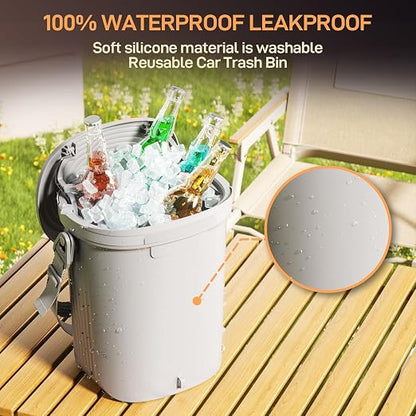 Waretary Trash Can for Car Garbage: Leakproof Silicone Car Waste Bin w/Lid for Drivers and Passengers; 2 Gallon Garbage Container for Vehicle, Sedan, SUV, Van, MPV & Truck (Gray)