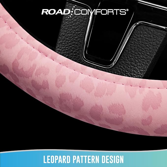Road Comforts Leopard Steering Wheel Cover for Women, Cute Anti-Slip Microfiber Leather, Universal Fit 14.5-15 Inch Round Steering Wheel - Full Pink