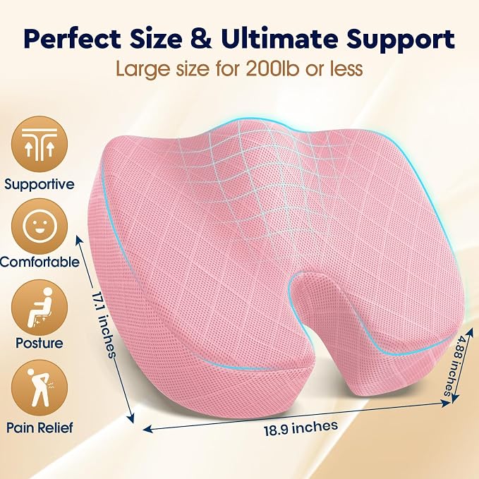 TushGuard Seat Cushion - for Office Chair, Car Seat, Airplane, Bleacher - Sciatica & Coccyx Pain Relief Desk Chair Cushion for Long Sitting Office Workers, Car Drivers(Pink, XXX-Large)