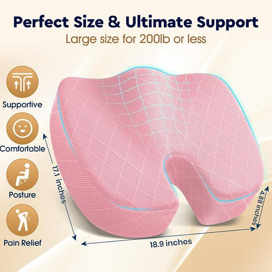 TushGuard Seat Cushion - for Office Chair, Car Seat, Airplane, Bleacher - Sciatica & Coccyx Pain Relief Desk Chair Cushion for Long Sitting Office Workers, Car Drivers(Pink, XXX-Large)