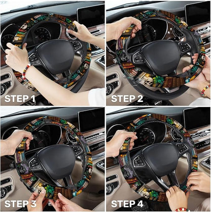 GENANY Reading Books Steering Wheel Cover, Non Slip Polyester Car Wheel Protector for Car SUV Truck, Universal 15 Inch