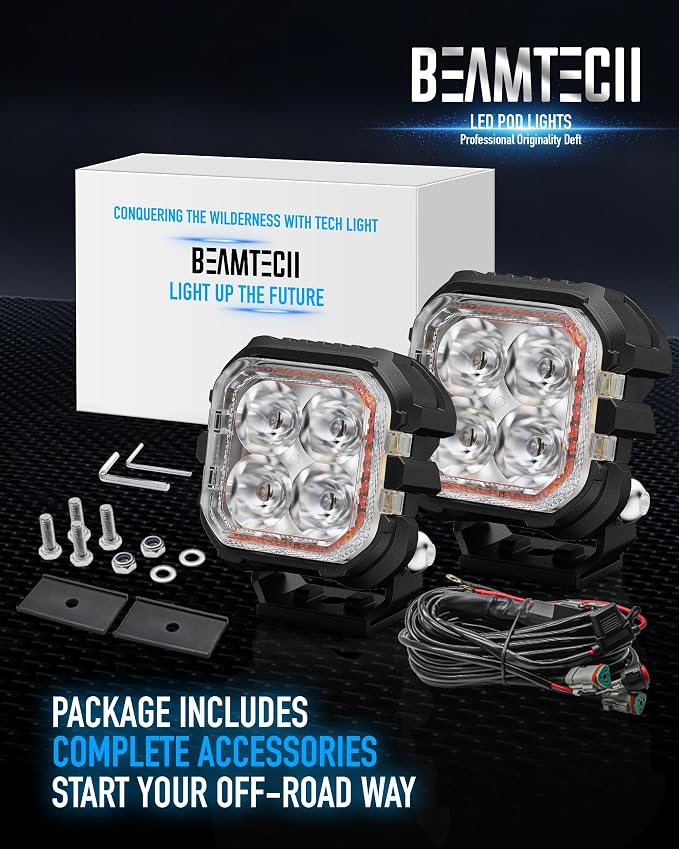 BEAMTECH 3" LED Pods, White Spot Beam Off Road Ditch Lights with Amber DRL | 2PCS 60W 6000LM Pod Light for Truck UTV ATV Motorcycle – Fog/Reverse/Backup Lights