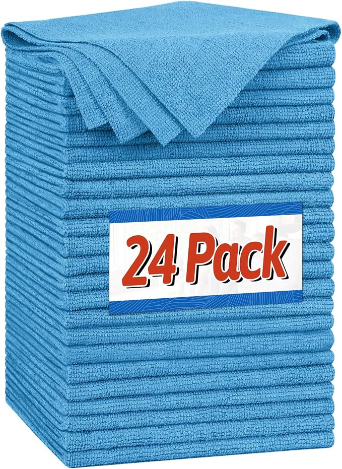 FIXSMITH Microfiber Cleaning Cloth, Shop Towels Bulk, 24 Pack Blue Microfiber Towels for Cars, All-Purpose Absorbent Cleaning Rags, Dust Cloth for Automotive, Mechanic, Garage, Bar, 12 x 11 inch