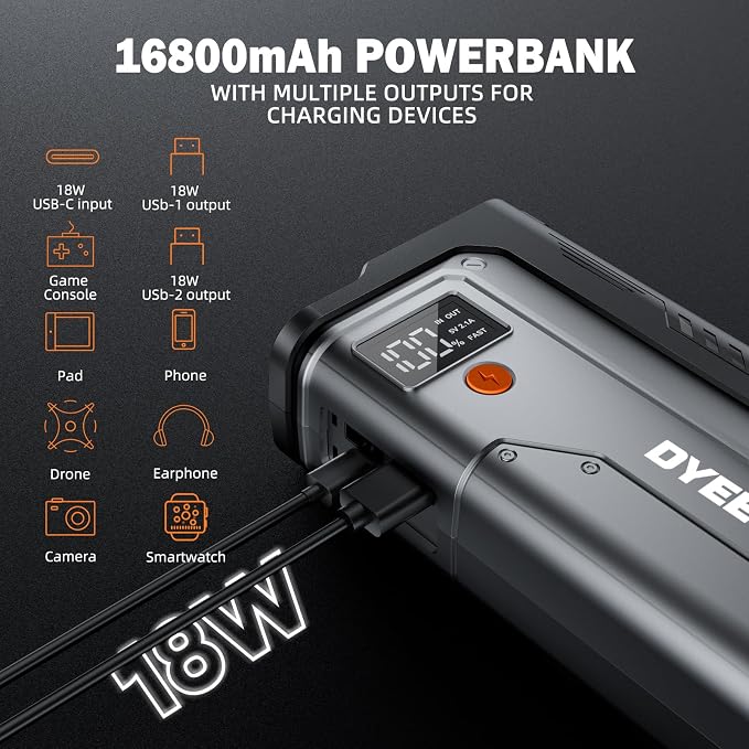 Car Jump Starter 5000A, Jump Starter Portable Battery Pack for 10.0L Gas and 8.0L Diesel Engines, 12V Lithium Jumper Box, Car Starter Booster with Power Bank, LED Light, Jumper Cable