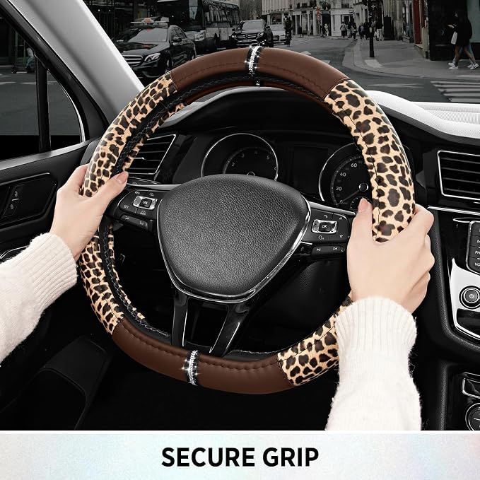 Road Comforts Leopard Steering Wheel Cover for Women, Cute Anti-Slip Microfiber Leather, Fits D Shape Flat Bottom Steering Wheel 14.5-15 Inch - Brown