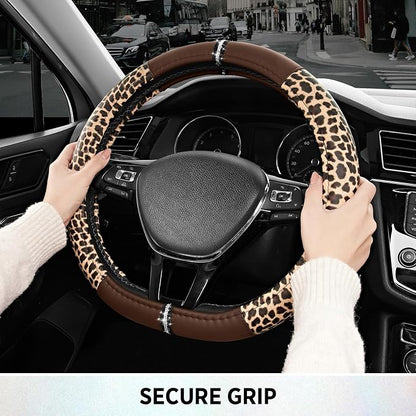 Road Comforts Leopard Steering Wheel Cover for Women, Cute Anti-Slip Microfiber Leather, Fits D Shape Flat Bottom Steering Wheel 14.5-15 Inch - Brown