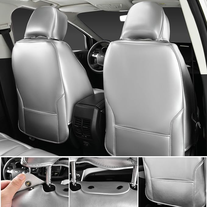 CAR PASS Ultra+ Nappa Leather Car Seat Covers Full Set Universal Cushioned, Soft Breathable Waterproof Anti-Slip Driver Seats and Backrest for SUV Pick-up Truck Sedan, 5 Seats Margiela Solid Silver