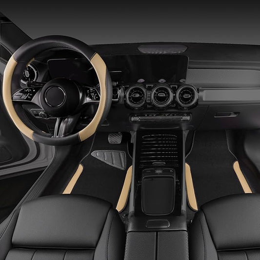 CAR PASS Faux Leather Steering Wheel Cover and Waterproof Car Floor Mats,Universal Car Combo Fit for 95% Sedan,SUV,Cars,14.5-15inch Sporty Anti-Slip Safety Comfortable Design(Black＆Beige)