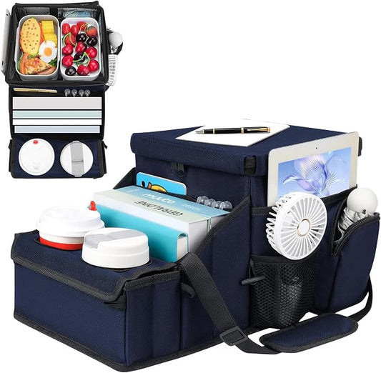 Car Hop Front Seat Organizer with Cup Holder, Movable Divider & Side Pockets, Passenger Seat Storage Caddy for Road Trip, Travel, Work or Kids, Blue