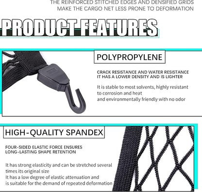 JINGKE Elastic Cargo Net with Fixing Hooks D-Rings Luggage Cover for SUV Rear Trunk Bed Netting Cover ，Net Stretchable Mesh Organizer 32" x 24" Stretch to 63"x43"