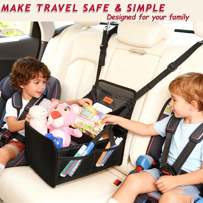 Kids Car Organizer Backseat- Easy-to-Reach Car Organizers and Storage for Back Seat Between Seats with Tissue Box and Side Pockets, Car Travel Accessories for Baby Long Trips with cup Holders