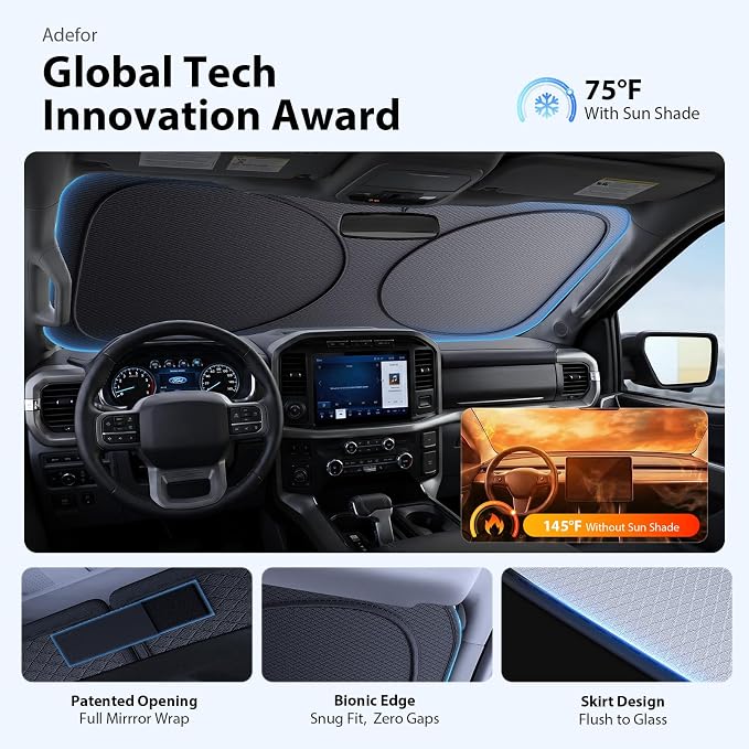 Upgraded Windshield Sun Shade for Ford F150 and Explorer (2000-2026) [Nano Ice-Crystal Cooling, 99.9% Sun Protection] Foldable Sunshade with Storage Bag, Car Accessories, L(64 x 34 in)