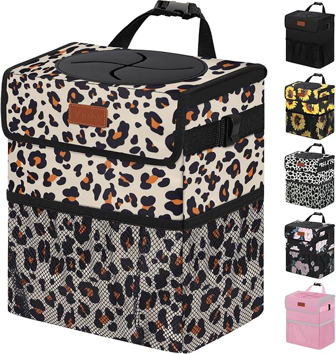 Vankor Cute Car Trash Can, Car Accessories for Women Interior Can Trash Bag Hanging Automotive Garbage Cans Leopard Pattern