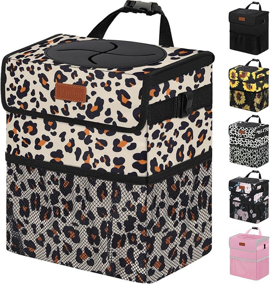 Vankor Cute Car Trash Can, Car Accessories for Women Interior Can Trash Bag Hanging Automotive Garbage Cans Leopard Pattern