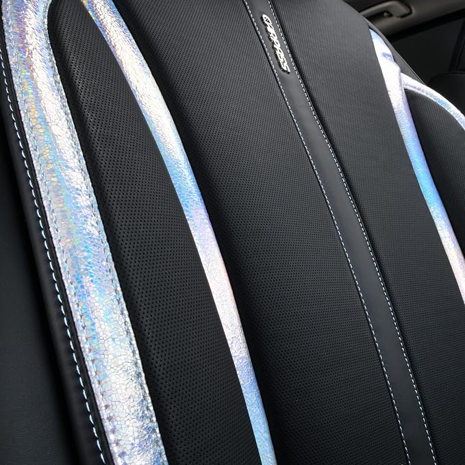 CAR PASS Nappa Leather Holographic Laser Car Seat Covers Front Seats Only Cushioned, Waterproof Waist Protector Universal fit for SUV Truck Pickup Luxury Stylish Elegant for Women Black Silver Strips