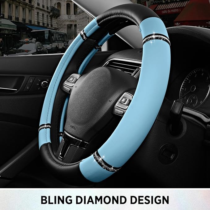 Road Comfort Leather Steering Wheel Cover – Premium Anti-Slip Car Steering Wheel Grip Cover – Universal Fit for 14.5”–15” Cars, Trucks & SUVs - Blue
