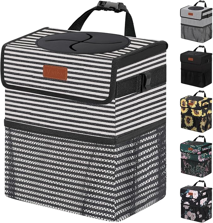 Vankor 3 Gallons Car Trash Can with Lid, Car Trash Bag Bin Hanging Waterproof Automotive Garbage Cans Leak Proof Vehicle Trash Can Stripe