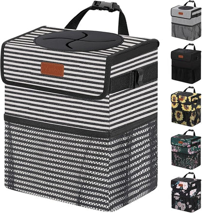 Vankor 3 Gallons Car Trash Can with Lid, Car Trash Bag Bin Hanging Waterproof Automotive Garbage Cans Leak Proof Vehicle Trash Can Stripe
